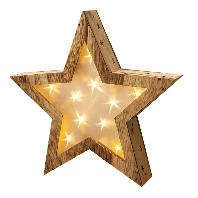Kanlong Hot Sale H35cm wood star light with 10L LED safty battery holiday lights Christmas star light wood crafts for home decor