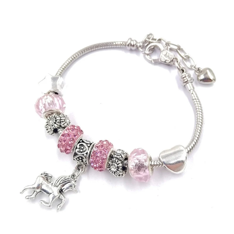 

2020 DIY Pink Crystal CZ Hores Bracelet Dangle Kids Female Love Heart Bead Charm Bracelet, As picture