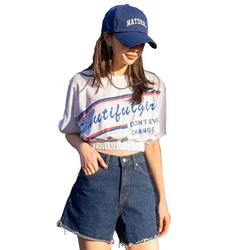 XIUYU Factory Custom Summer Young Girl Pullover Slogan Pattern Stretch Elastic Corset Hem Short Women T-shirt