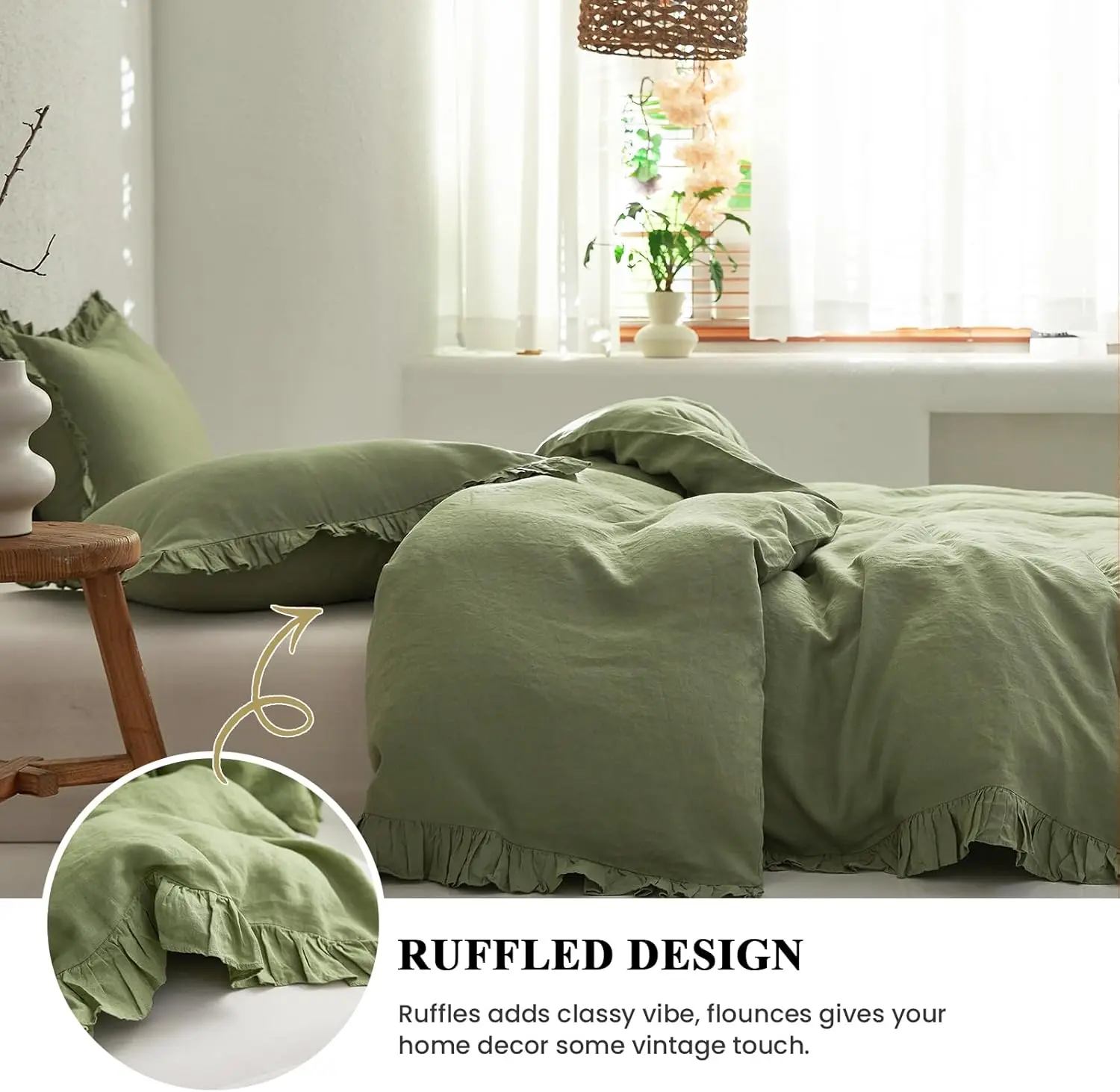 100% Washed Linen Duvet Cover Set 3 Pieces Premium Ruffled Bedding France Flax High End Frill Sets Farmhouse Style Sage Green supplier