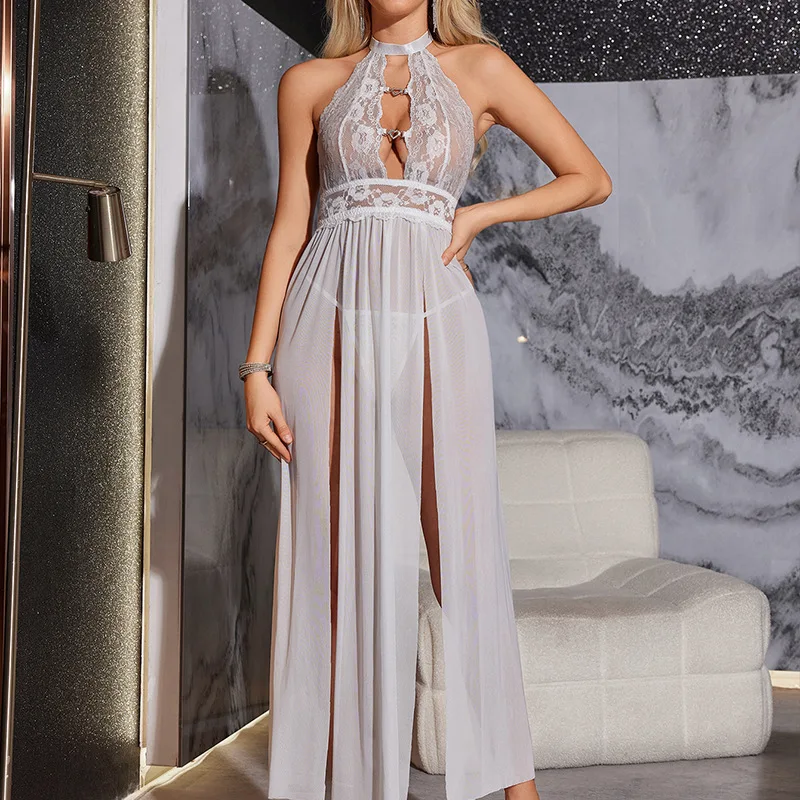 Sexy Women's Lace Light Control Thin Mesh Neck Hollow Split Long Dress Lingerie Set