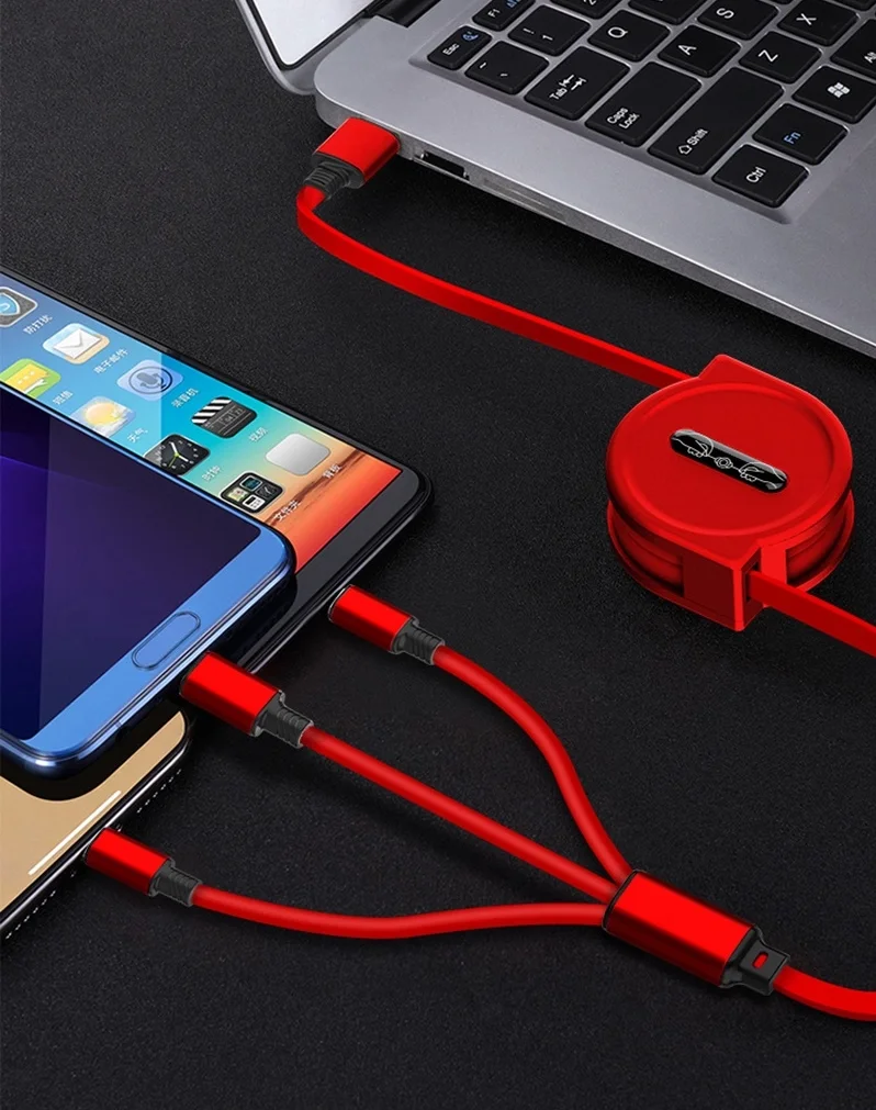 High Quality Can Expansion 3 in 1 Telescopic Data Line One Dragging Three Android Type-C Mobile Phone Charging Cable - ANKUX.COM