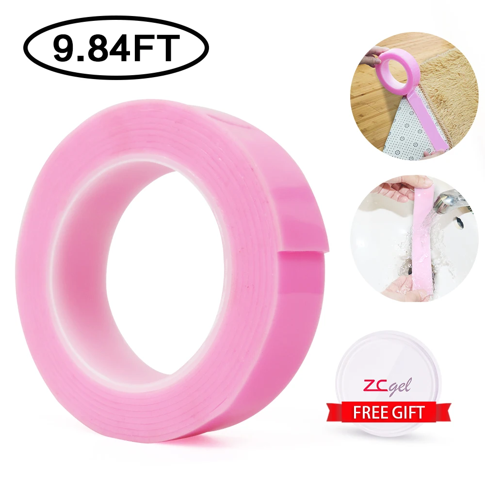 ZC GEL Nano Grip Tape Multifunctional Double Sided Tape with Traceless and Reusable Anti-Slip Gel Tape Pink, 9.84FT Removable Sticky Grip for Pasting Items etc. 