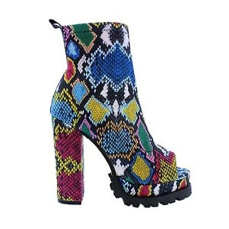 2020 Women Snake Python Skin Ankle Booties Platform Lug Sole Chunky High Heel Open Toe Booties