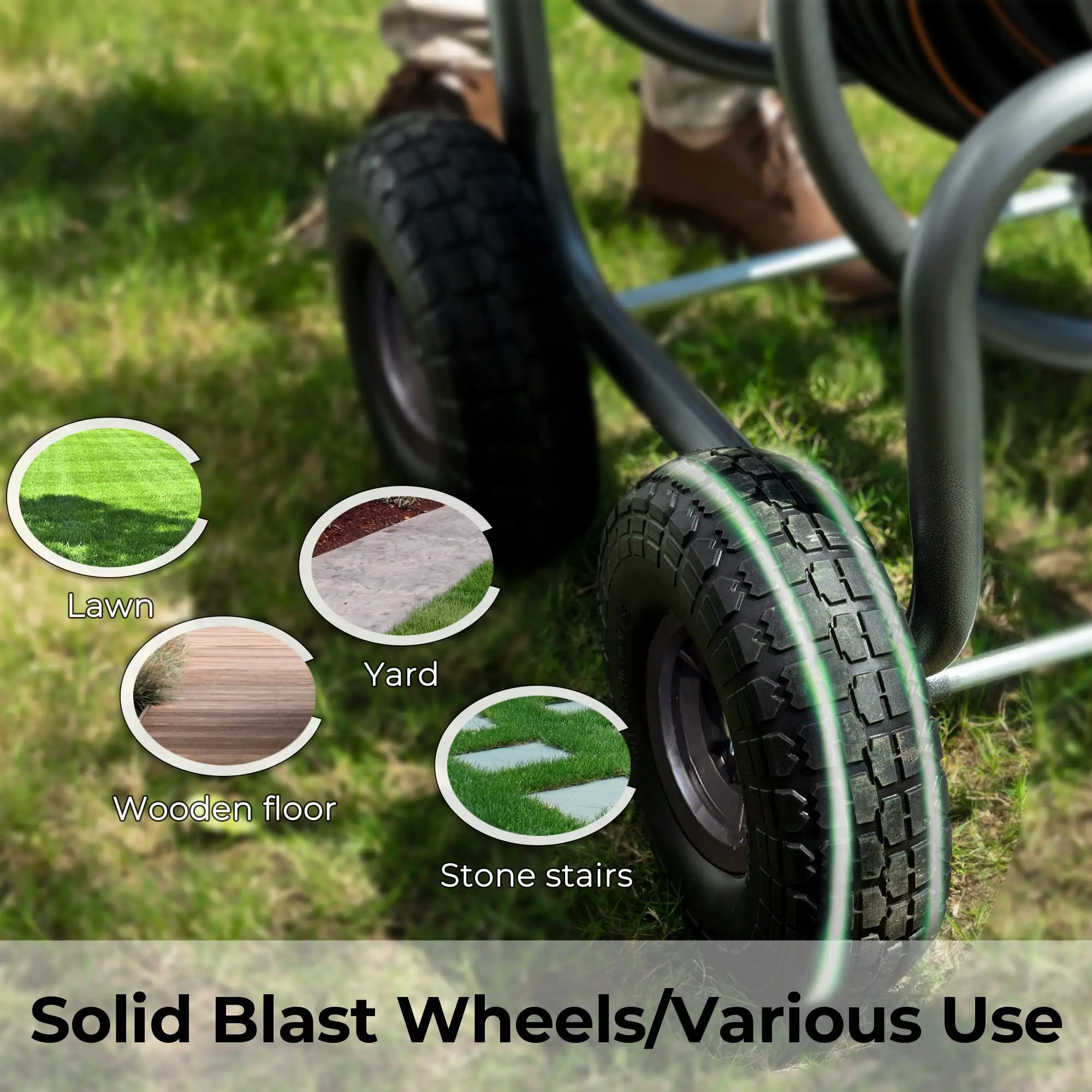 Garden Hose Reel Cart - Heavy Duty with 4 Wheels & Basket