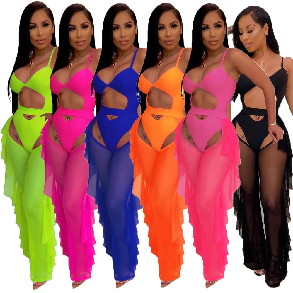 

2020 Neon Color Fashion Casual Two Piece Bikini Set Cover Up Pants Women Beachwear Swimwear, Picture