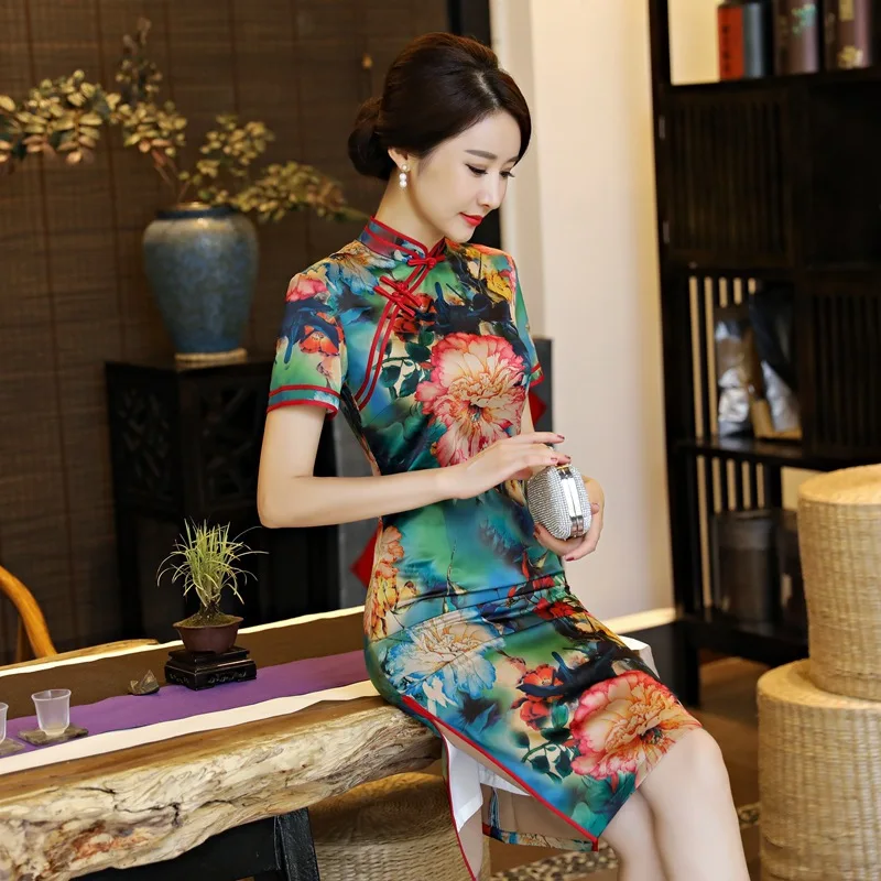 2020 Womens Silk Floral Chinese Qipao Dress Summer Long Retro Dress Cheongsam 