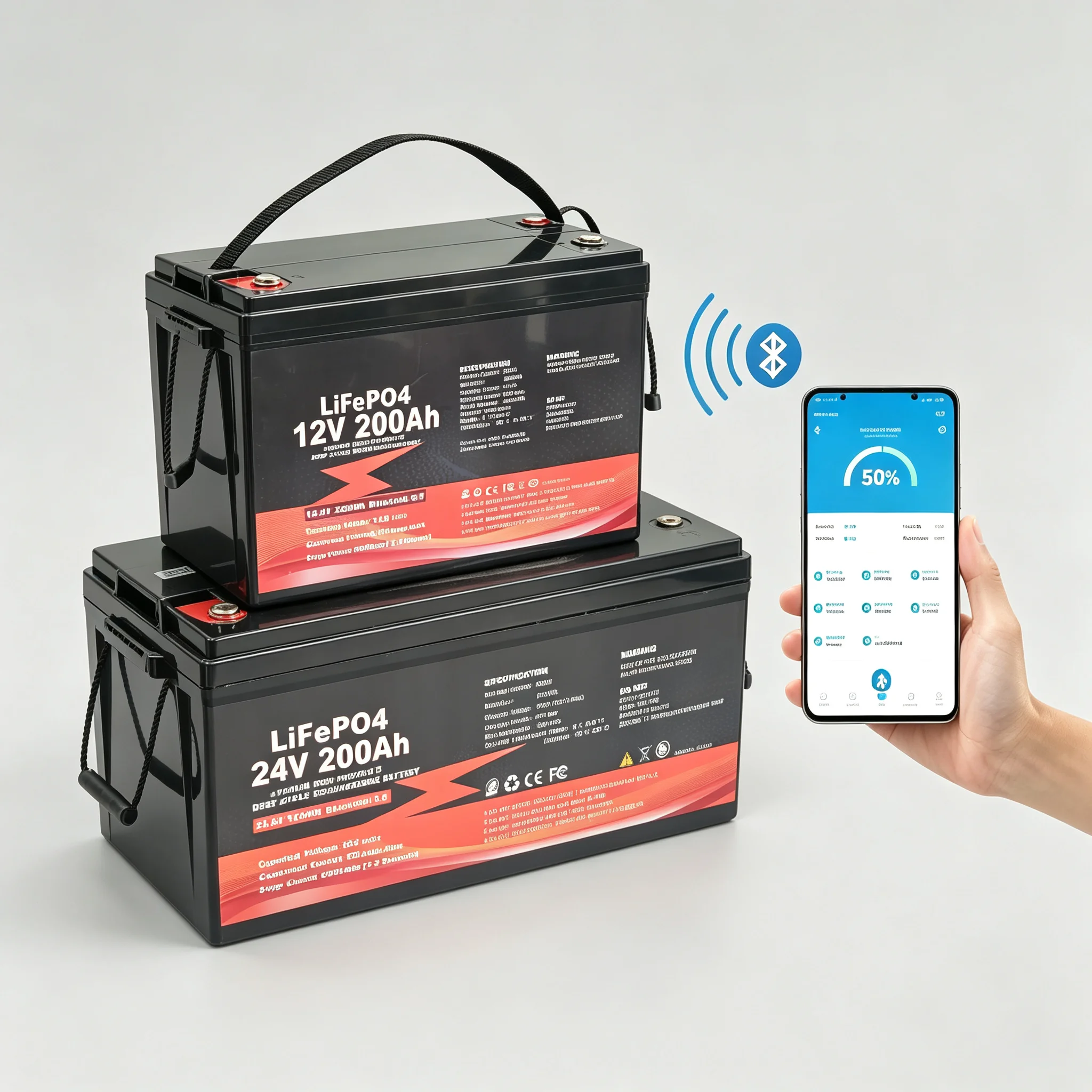 12V LiFePO4 battery pack with visible terminals, BMS board, and thermal pad