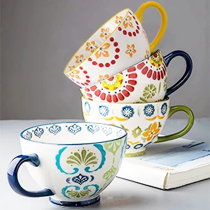 Ceramic Coffee Mug Large Size Colorful Hand Printed Mugs Set of 4 Porcelain Soup Mug Stoneware Custom details