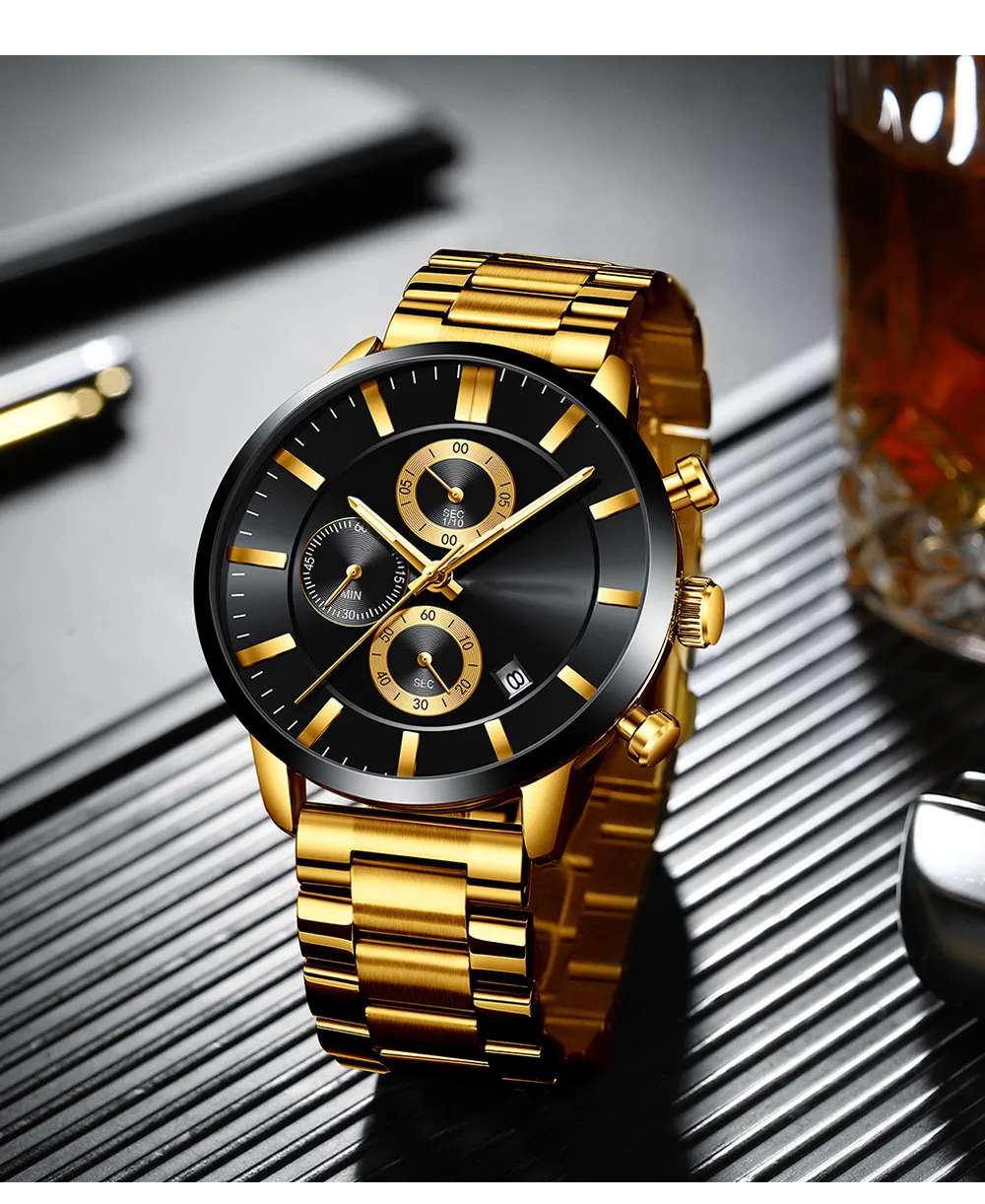 2020 新款多功能男子日历手表时尚商务防水手表固体钢带男士手表定制
