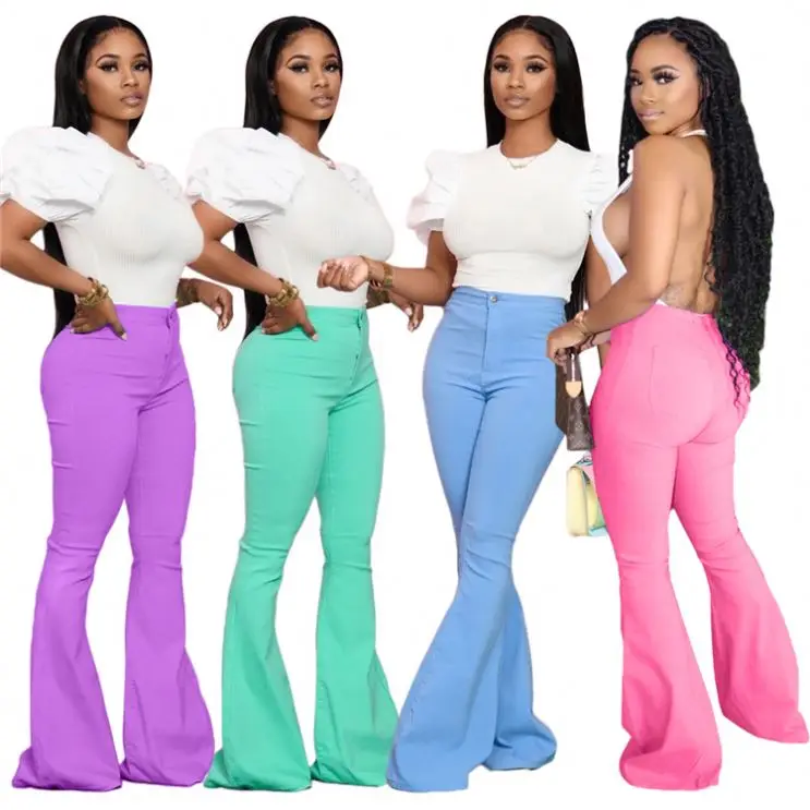 
est Solid Color Mid Denim Pants Ladies Bell Bottom Trousers Jeans Flare Pants 