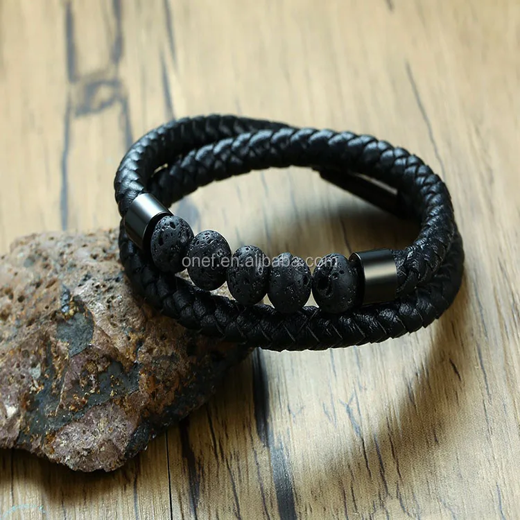 Personalized Custom Relationship Natural Chakra Lava Stone Beaded Leather Double Wrap Bracelet.jpg