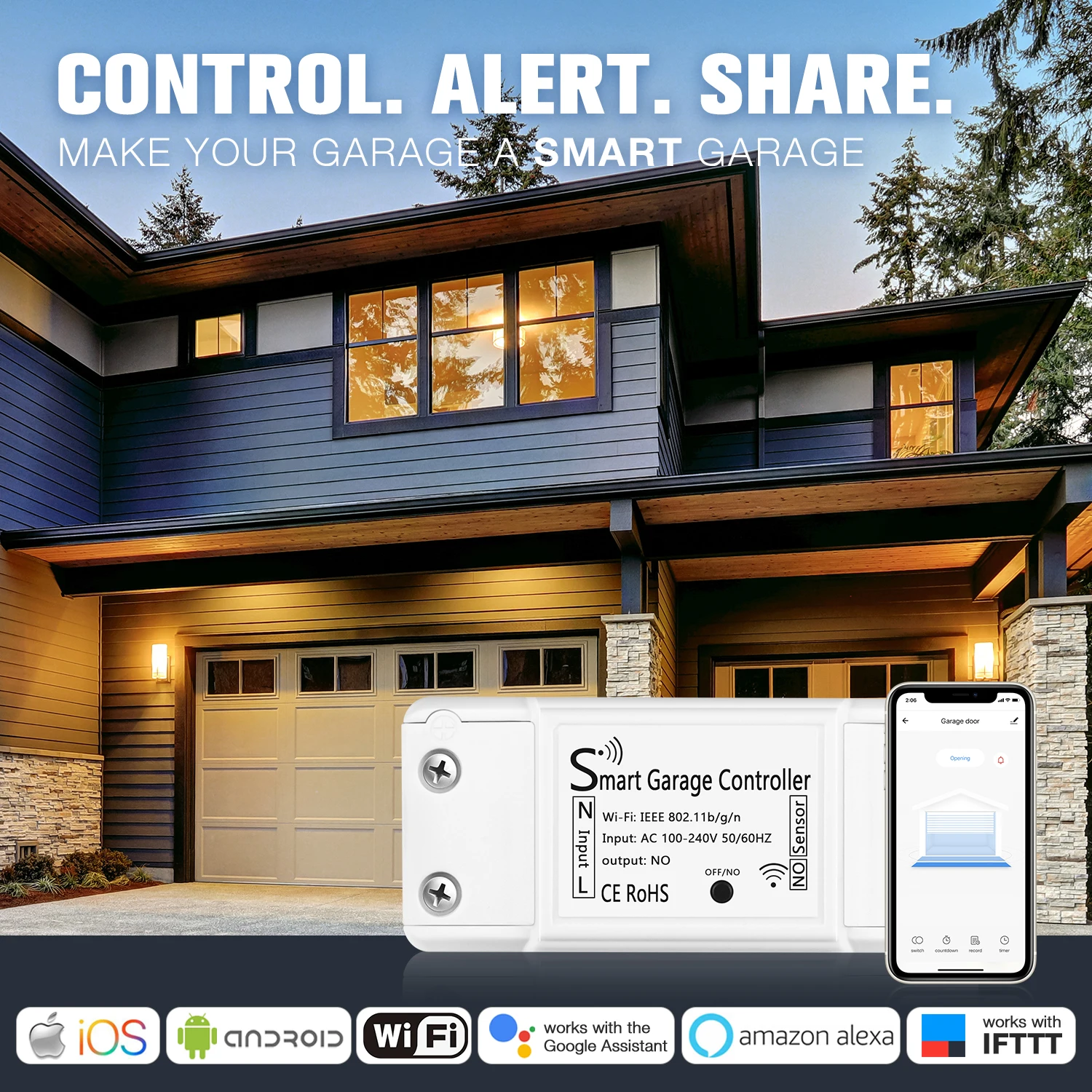 Smart Wi-Fi Automatic Garage Door Opener Wireless Remote Control Compatible with Alexa Google Assistant