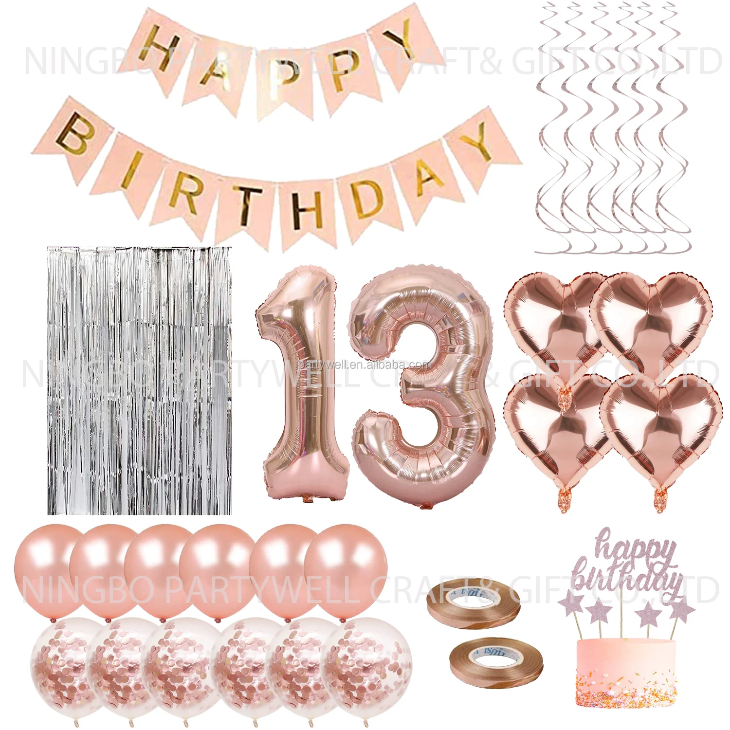 21 Rose Gold Happy Birthday Party Supplies with Banner, Foil Balloon,  Curtain,Cake Topper,swirl Set| Alibaba.com