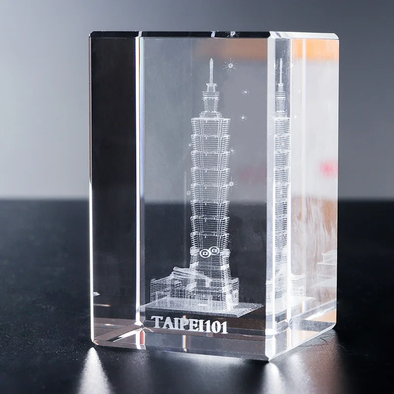 3D Crystal Cube K9 Quartz Glass Model Hand Carved 3D Taipei 101 Tower Building Polished Laser Engraving Tourist Souvenir Gifts manufacture