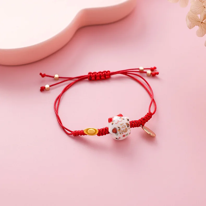 Maneki Neko Rope Ceramic Red Lucky Japanese Cat Bracelet Jewelry 