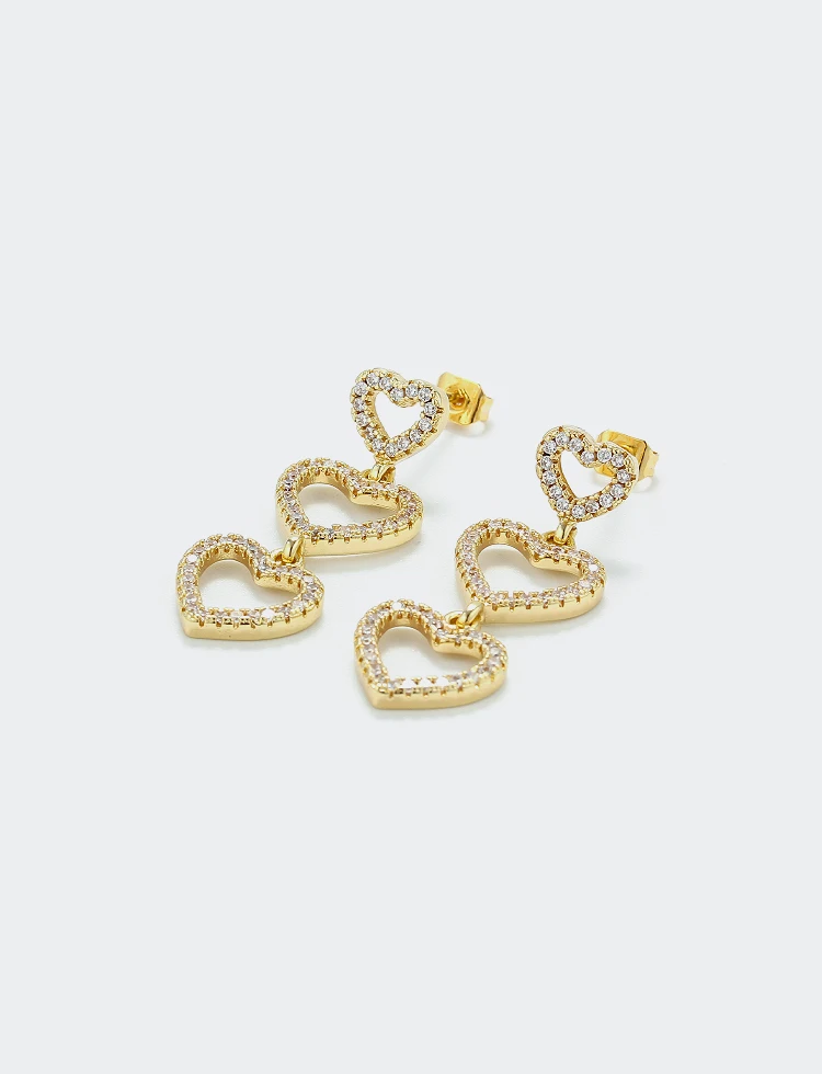 Beautiful Brass 18k Gold Plated Zircon Three Heart Drop Earrings - Buy