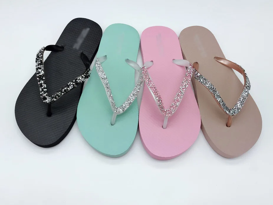 Custom Logo Diamond Women Ladies Wedge Sandal Slipper Cheap Beach PVC Strap Flip Flop