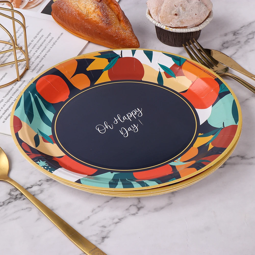Pomegranate Camping Paper Plates Happy Day Black Decorative Disposable Dinner Tray 10PCS/BAG for Tables manufacture