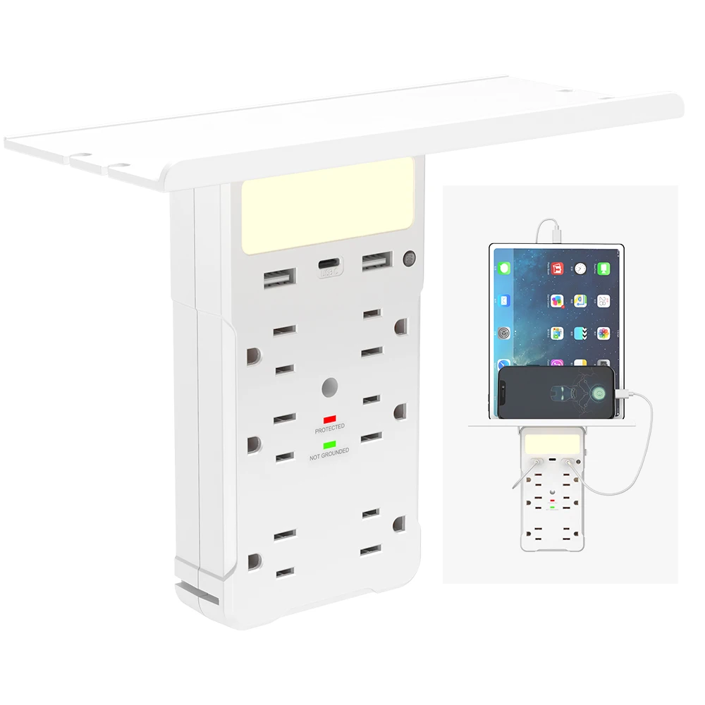 OEM ODM Plug Wall Socket Universal Adapter Outlet Shelf Night Light 6 Outlet Power Strip