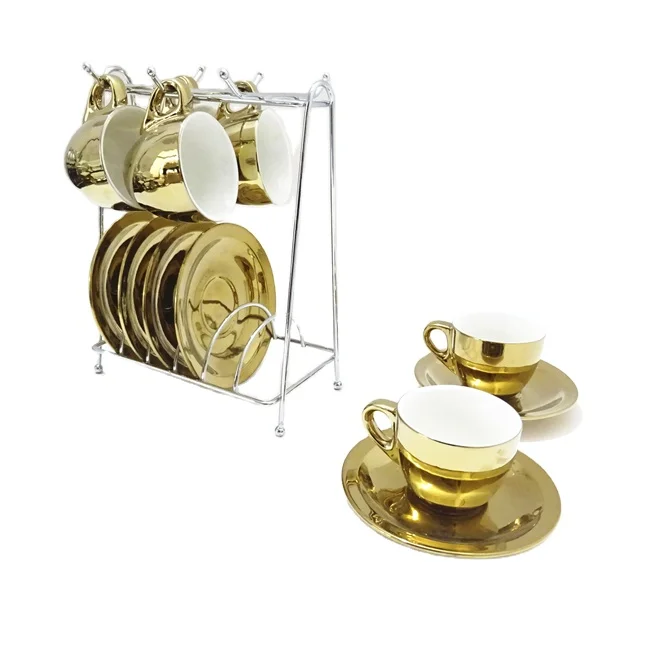 Luxury 12 Pcs Gold and Silver Electroplating Porcelain Coffee/tea Cups and Saucer Set With Rack Espresso Cup Set supplier