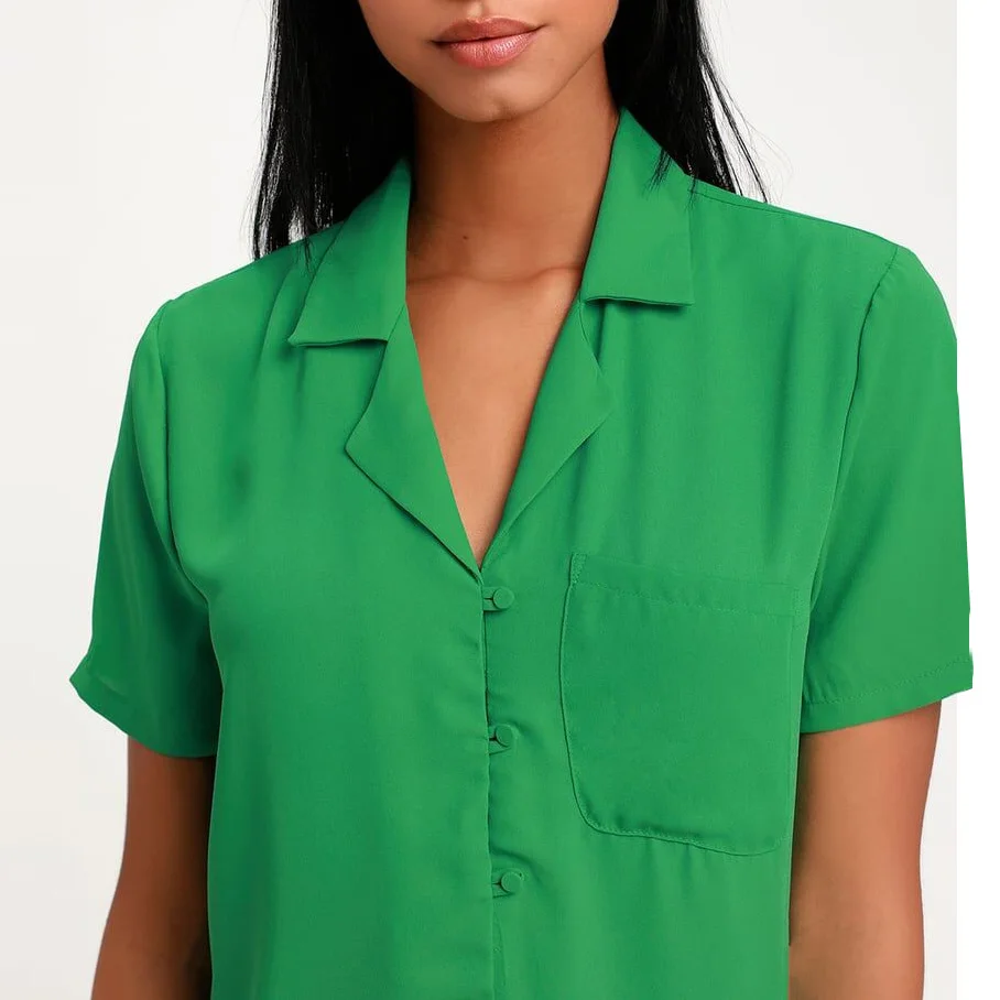 Women Emerald Green Satin Short Sleeve Buttonup Shirt T