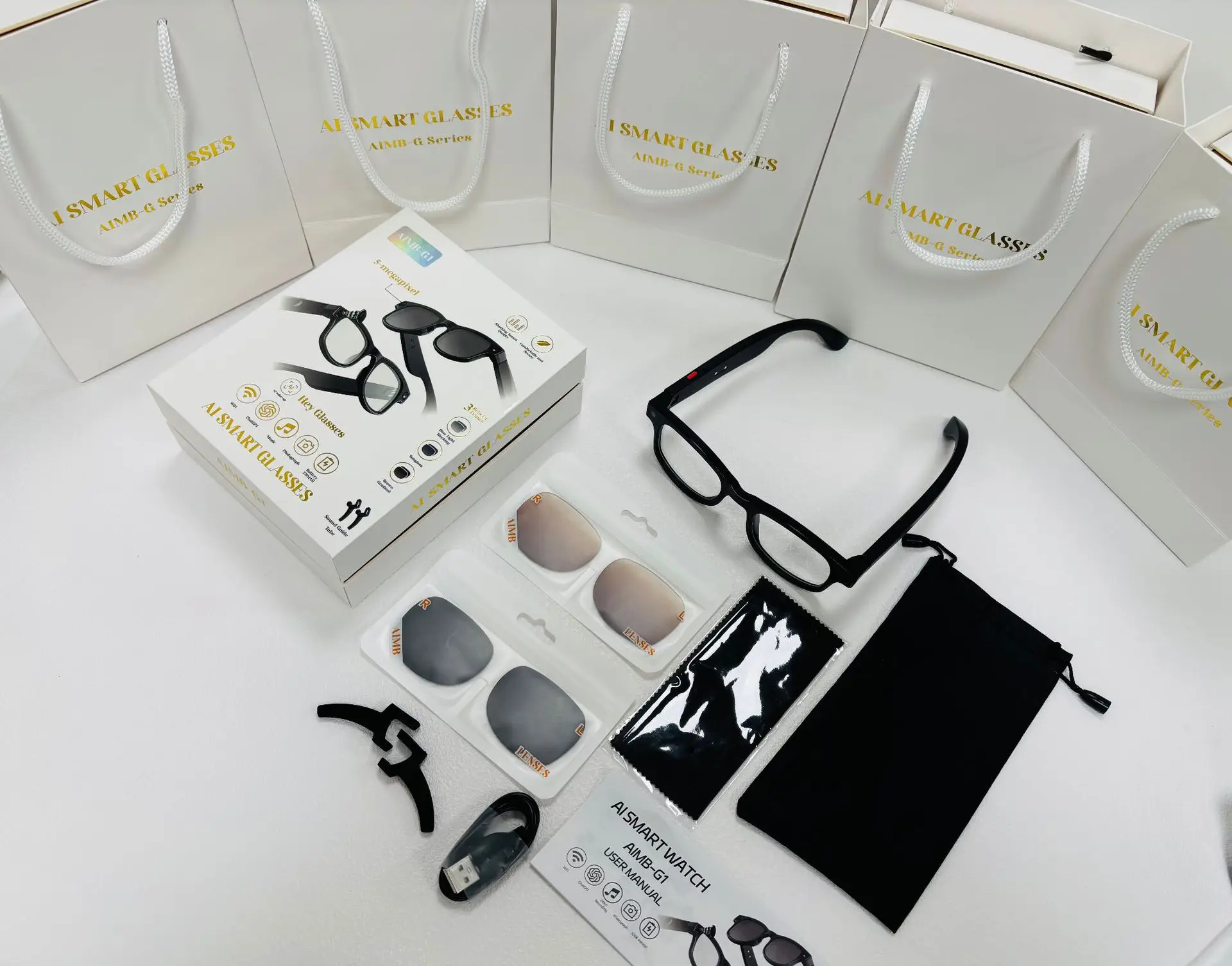 Aimb-G1智能眼镜跨境流行防蓝光镜头蓝牙通话AI语音助手照片智能穿戴