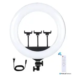 PULUZ live stream accessories 18 inch Dimmable webcasting rechargeable gloue led selfie ring light circle with 3 cellphone clamp