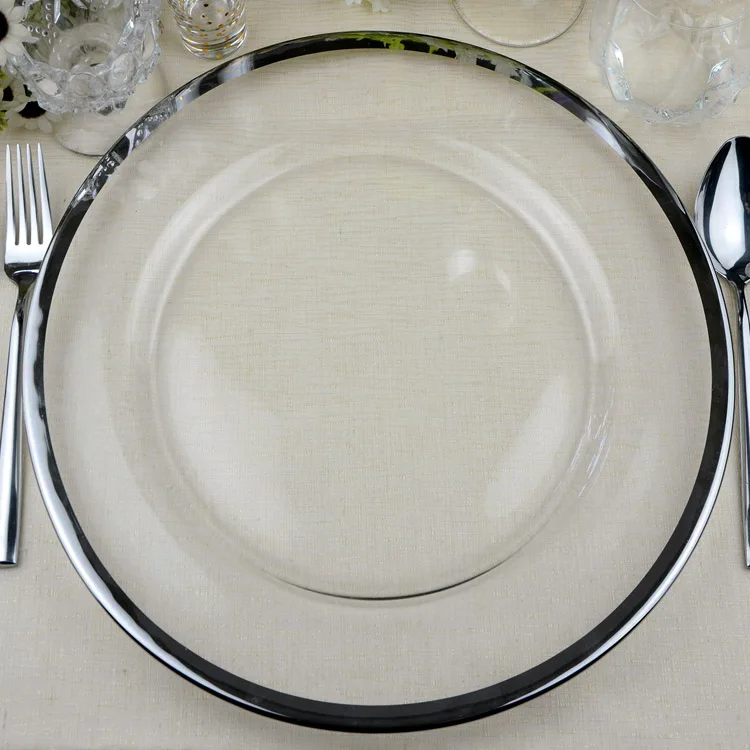 Wholesale Bulk Tableware Transparent Glass 13 Inch White Rim Charger