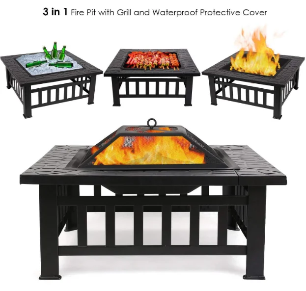 3 in 1 Square BBQ Fire Pit with Cooking mesh table cover heavy duty patio fire place outdoor garden backyard fire pit