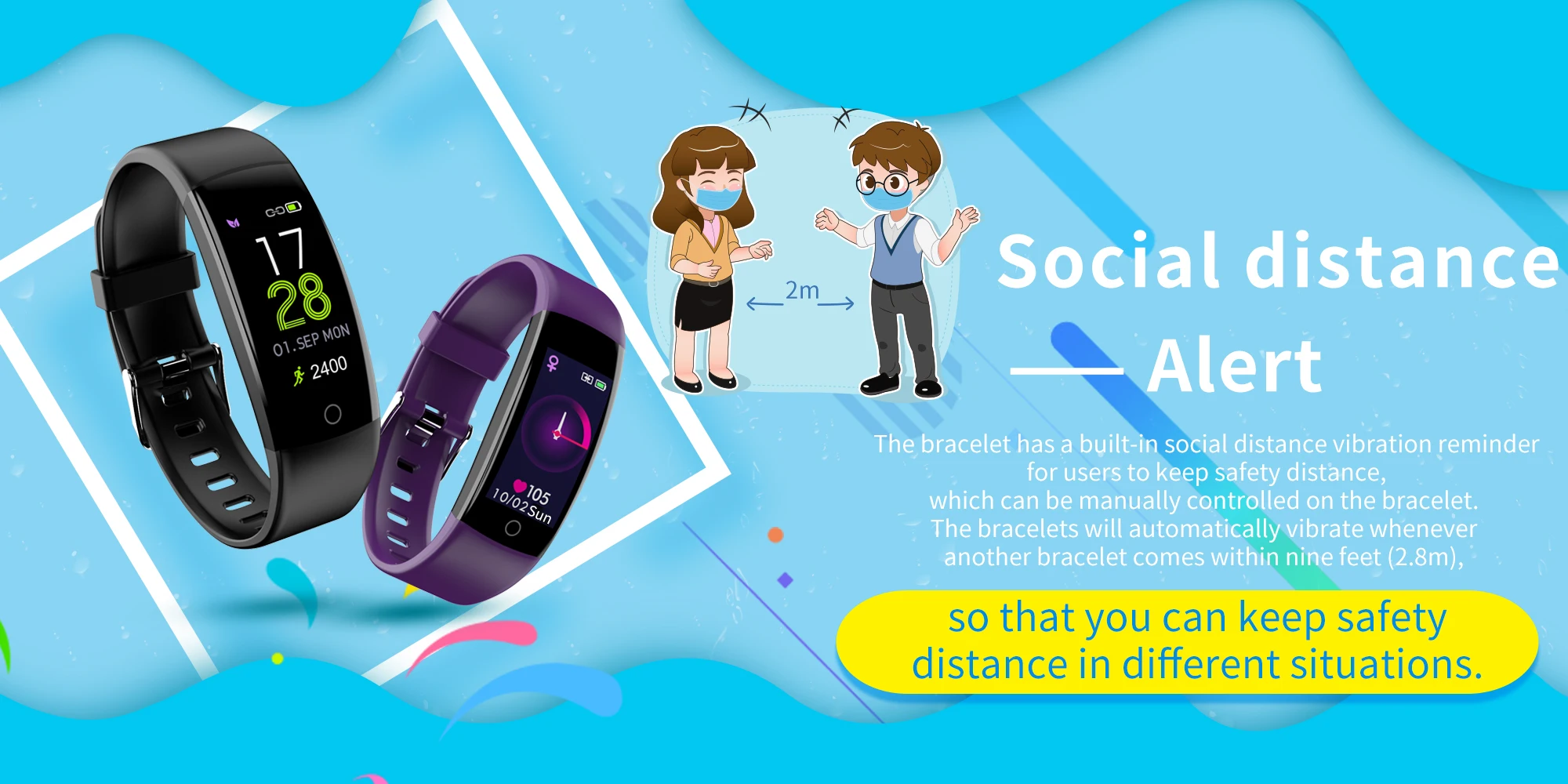 社交距离ararm智能手环温度测量智能手环黑色红色智能手环f91t