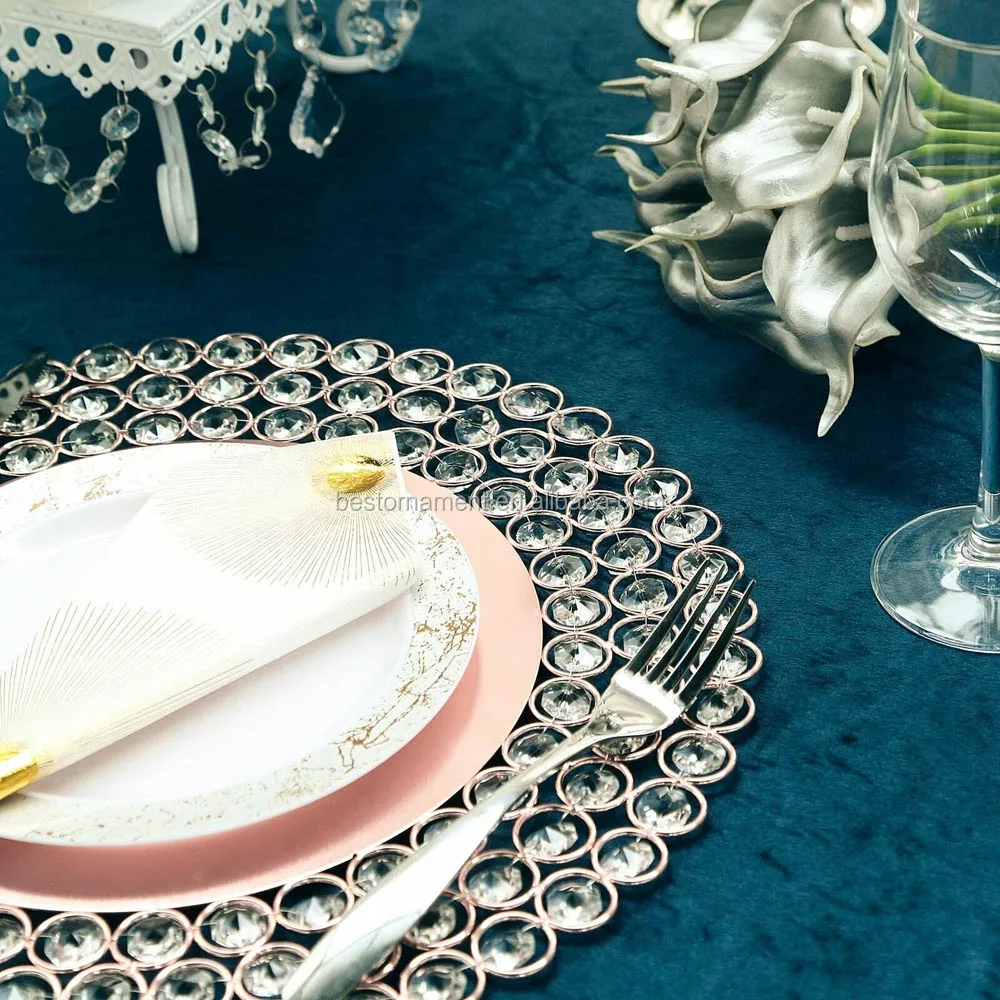 14" Wired Beaded Metal Charger Plate With 118 Acrylic Crystal Beads For