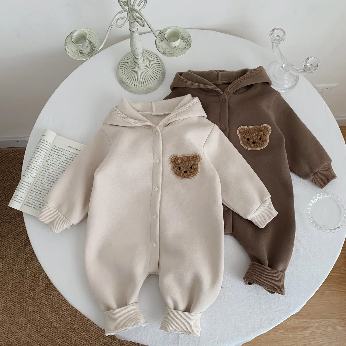 Korean Style Cute Bear Baby Boy Girl Clothes Long Sleeve Thicken Baby Jumpsuit Winter Warm Plain Baby Rompers