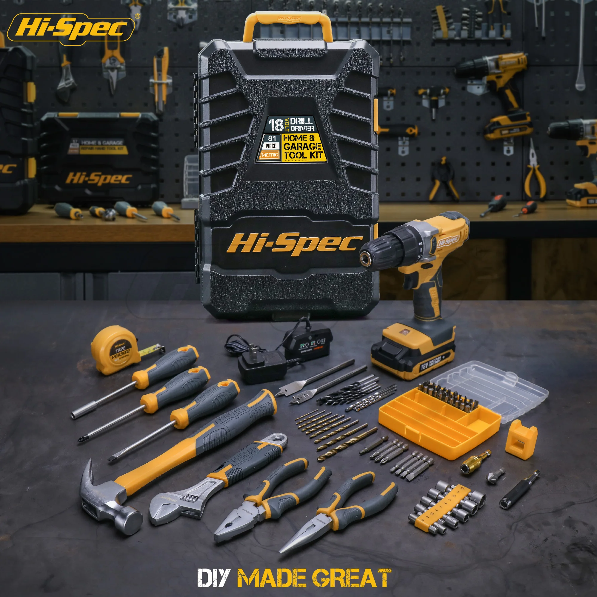 81pc Home Garage Tool Set With 18v Drill Driver Professional Steel