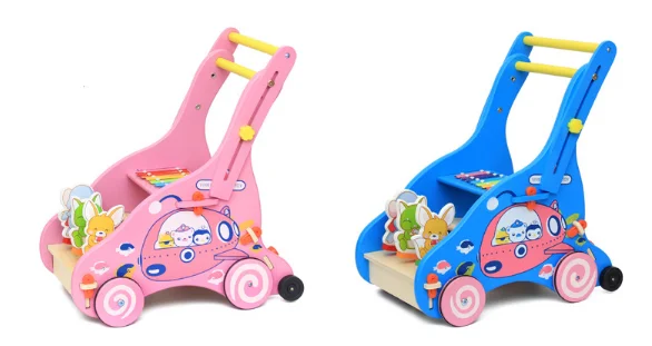 wooden baby hand trolley,Multifunctional wooden baby walking trolley toy