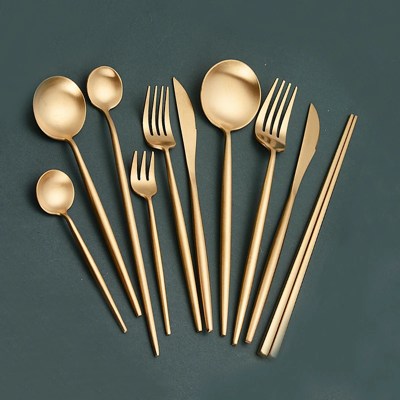 Contemporary And Modern Wave Cutlery Golden Utensils 5 Piece Service