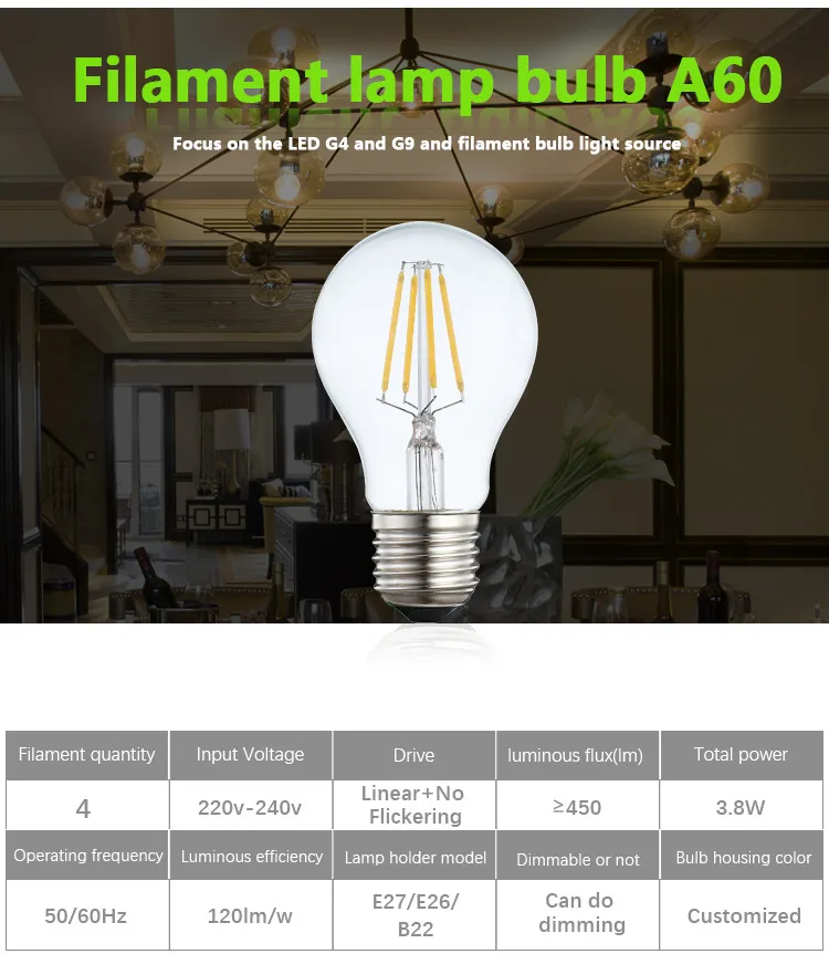 工厂价格 4W 220 V-240 V led 灯丝灯 led 灯泡 A60