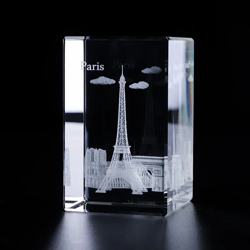 Small-bridge 3D laser crystal cube famous building Triumphal Arch Eiffel Tower tourist gift details