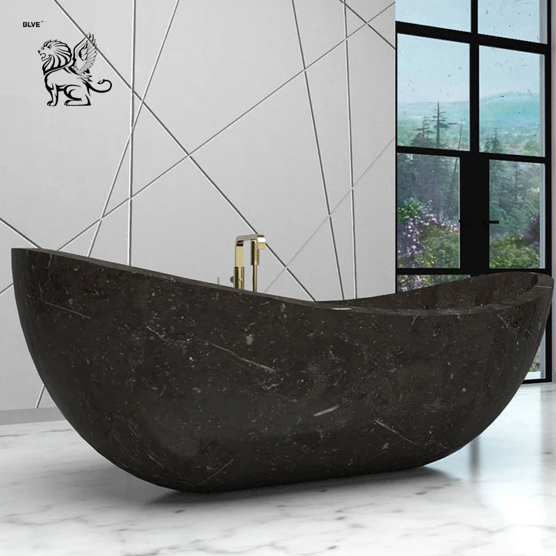 Indoor Large Stone Bathtub Natural Freestanding Modern Marble Black