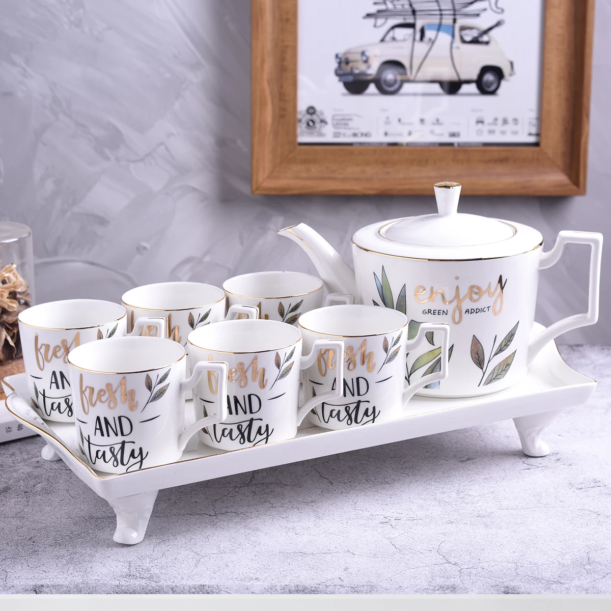 Luxury Tea Set 8pcs Ceramic Tea Sets With Tray Porcelain Tea Pot And