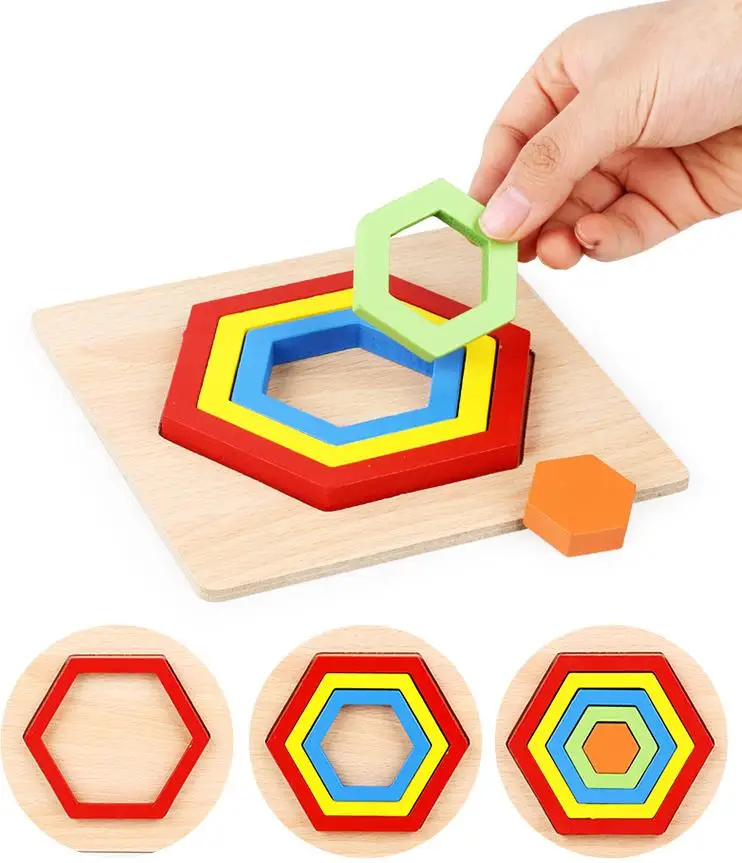 木制拼图玩具拼图棋盘认知有趣的彩色多层几何积木