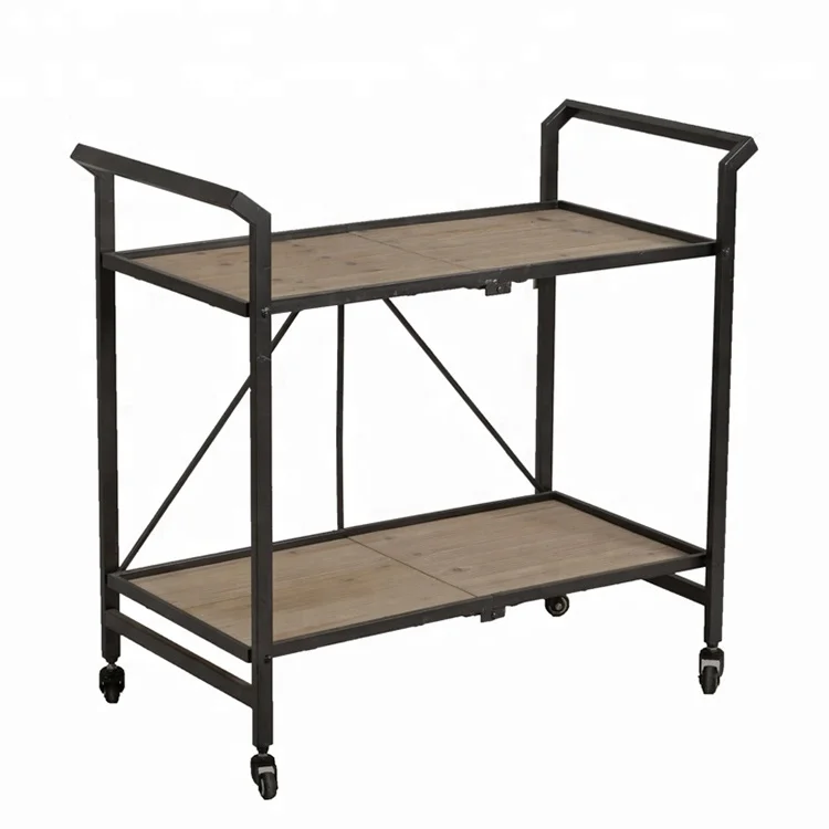 Mayco Vintage 2 Tiered Rolling Trolley Wood Metal Folding Bar Cart