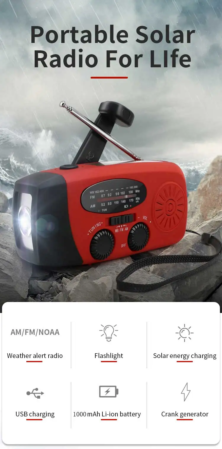 Hurricane Emergency Radio With Usb Dynamo Hand Crank Solar Rechargeable