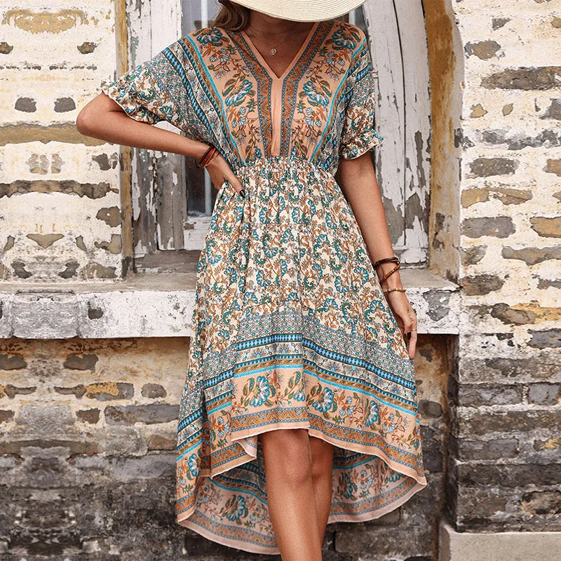 Women Boho Fashion Summer A-line V-neck Casual Dress Floral Bohemian Backless Drawstring Dress Ladies Women Boho Fashion Summer A-line V-neck Casual Dress Floral Bohemian Backless Drawstring Dress Ladies