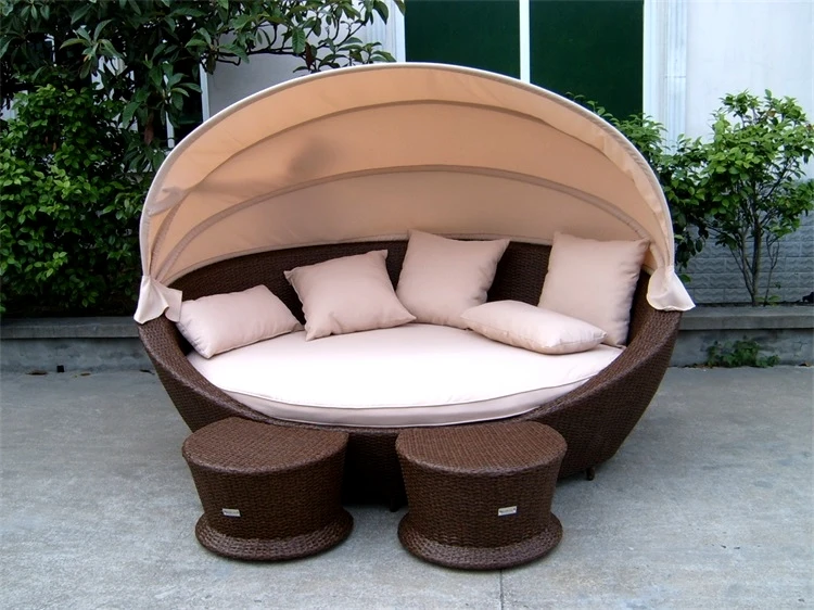 Outdoor Garden Patio Waterproof PE Rattan Resin Wicker Round Daybed with Cancopy