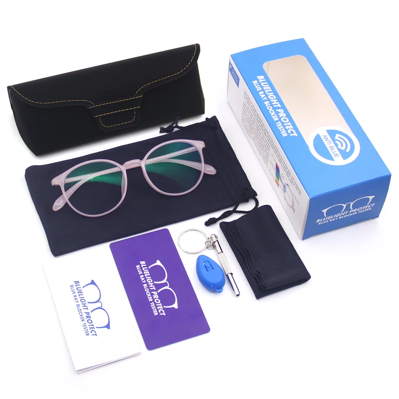 high quality unisex women men EMS tr90 round anti blue light glasses frame with case and cloth