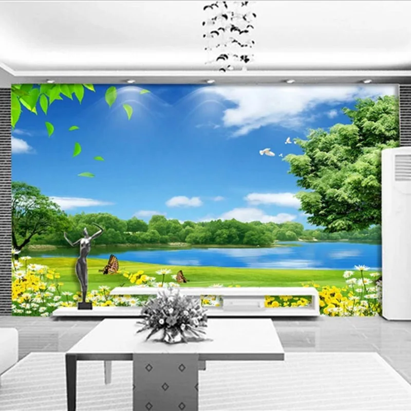 Custom 3d Photo Wallpaper Blue Sky White Clouds Meadow Lake Water Tree