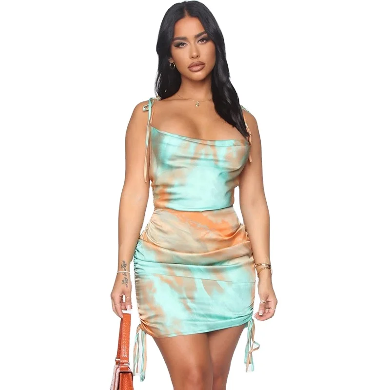 tie dye open back drawstring mini dress