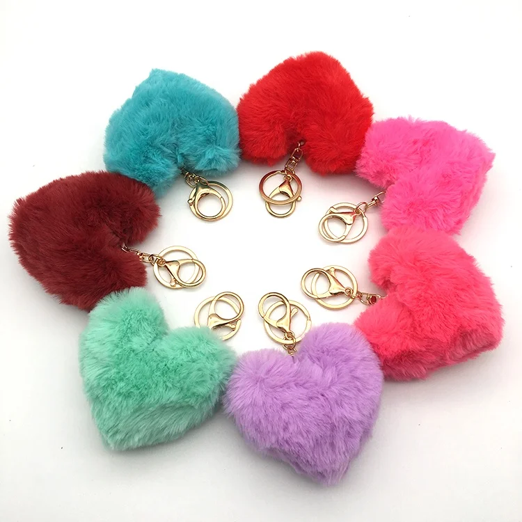 Multicolor Fluffy Love Rainbow Fur Ball Heart Shape Pompom Keychain
