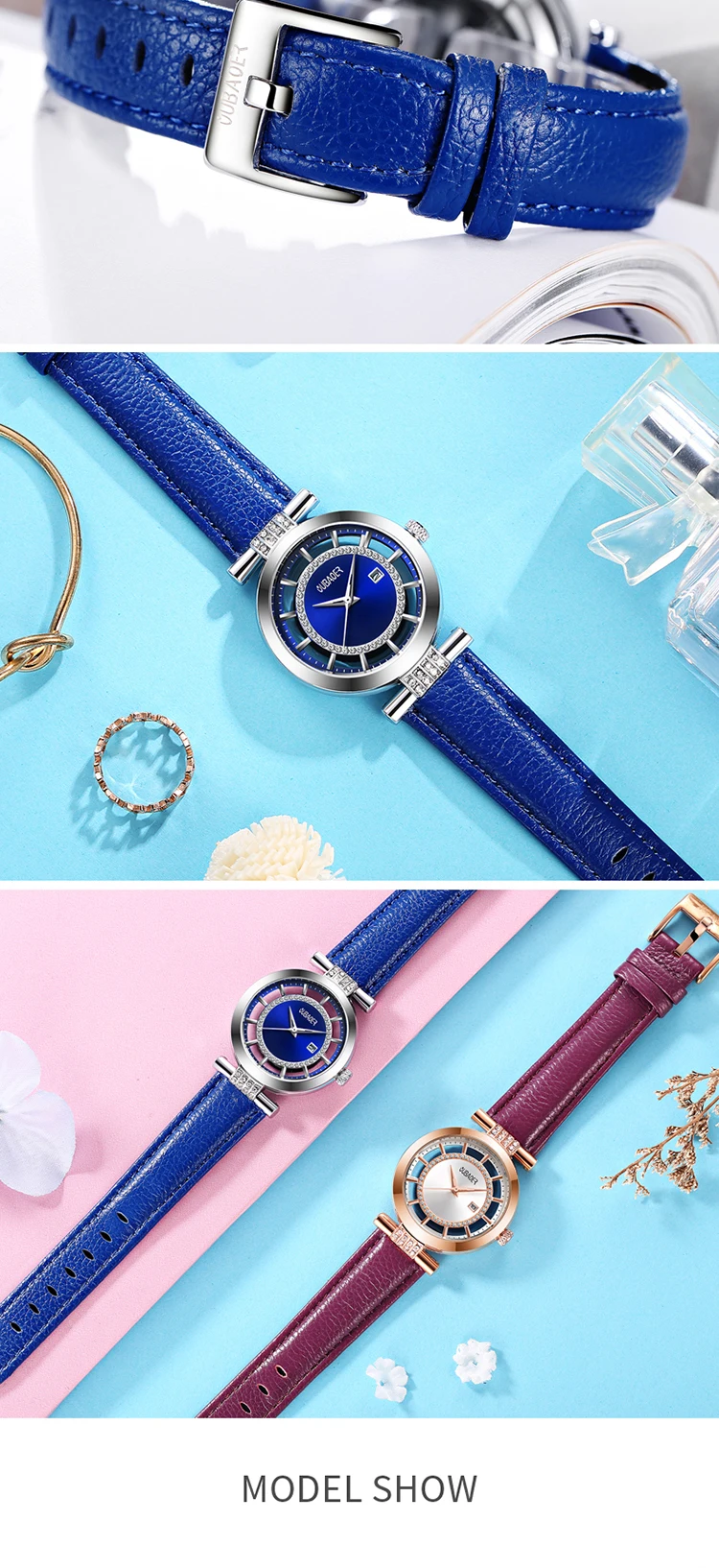 OUBAOER 2007 Luxury Blue Womens Quartz Watch Best Leather Strap Waterproof Analog Display Simple Bracelet Wrist Watch